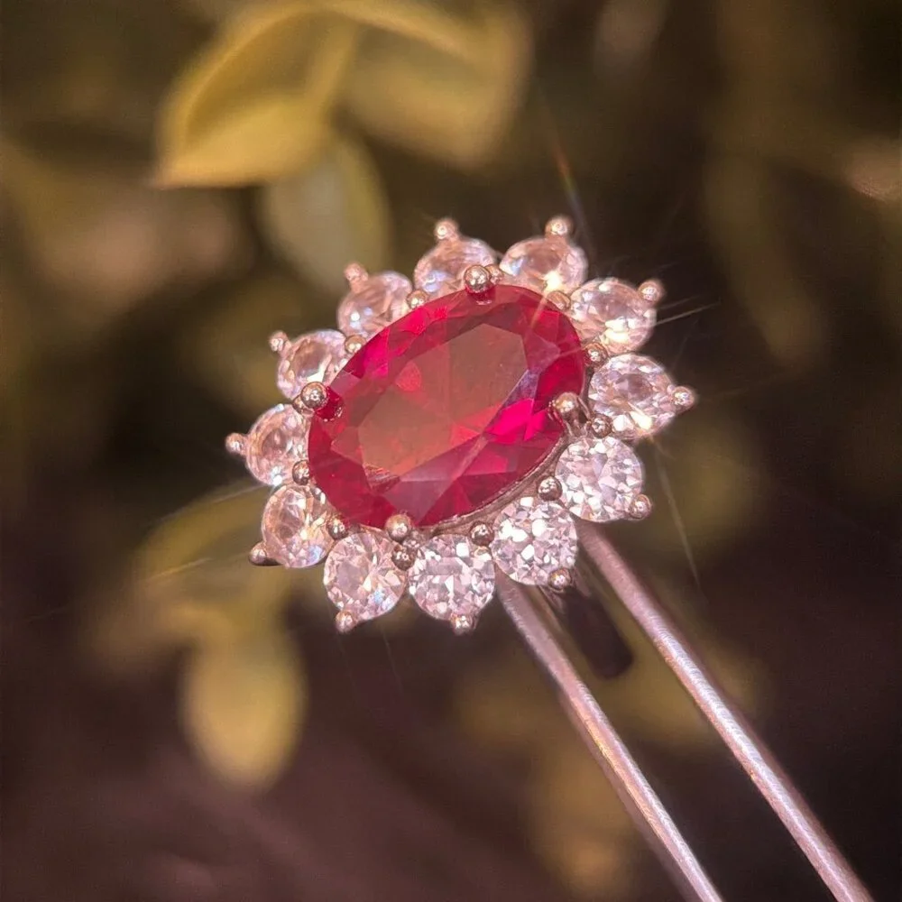 Sterling Silver Ruby/Cz Flower‎ Ring